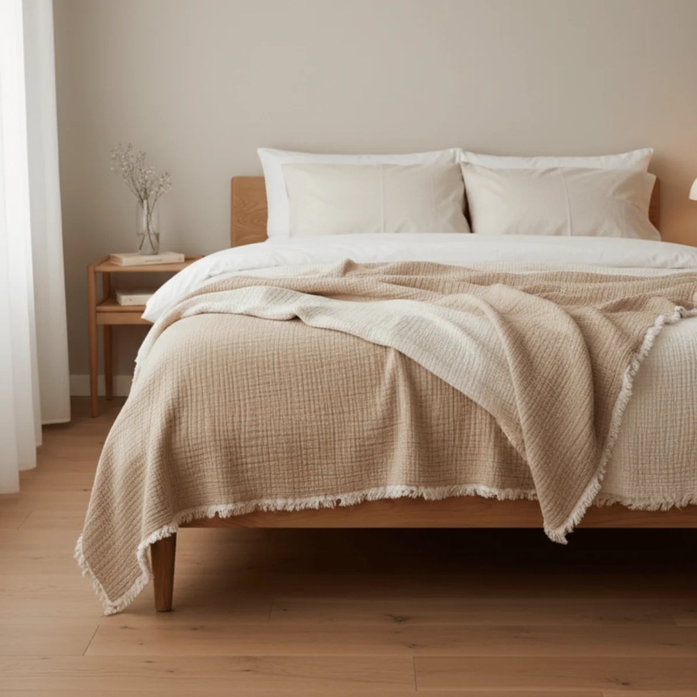 The Loomia Ruya Gauze Cotton Quilt Reversible Cream & Beige Waffle Bedding NWOT